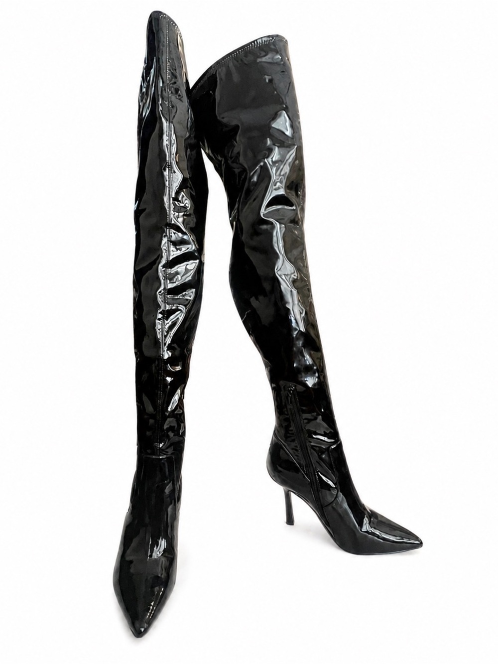 Sexy Black Patent Leather Thigh High Boots - Picture 2 of 8